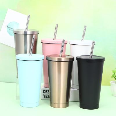 China Sustainable Coffee Stainless Steel Vacuum Tumbler Travel Reusable Cup Double Wall Custom Water Drinking Insulated Cup With Metal Straw for sale