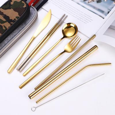 China Sustainable Dinnerware Set Travel Camping Cutlery Set Reusable Silverware with Metal Straw Spoon Fork Chopsticks and Portable Case for sale