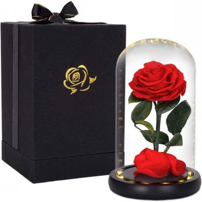 China High Quality Crafts Gift Burgundy Valentine's Day Gift Preserved Artificial Flowers Gift Glass Box for sale