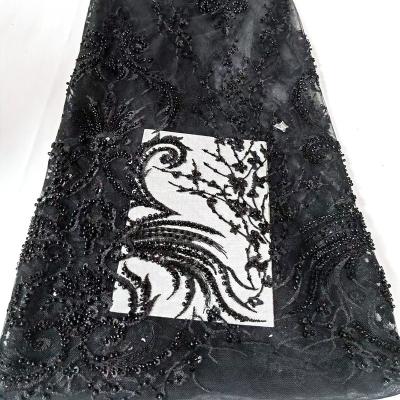 China 2022 Breathable Latest African Nigeria Beaded Sequins Tulle Lace Fabrics For Party Luxury Embroidered French Black Lace Fabric for sale