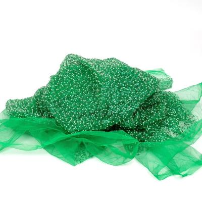 China 3D Breathable African Green Lace Mesh Fabric Soft And Breathable 100% Polyester Beaded Embroidered Fabric For Women Dress for sale