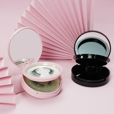 China H003 Recyclable In Stock Custom Logo Eye Lash Round Eyelash Case Empty Packaging Box Matte Black And Pink With Double Decker With Mirror for sale