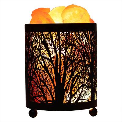 China Modern Natural Himalayan Pink Salt Lamp Night Light in Forest Design Metal Basket with Dimmer Switch for sale