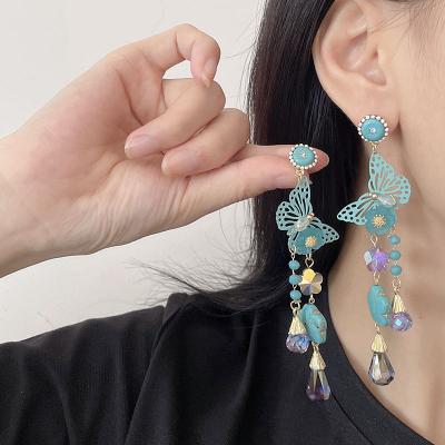 China New Korean BOHEMIA Pin Blue Butterfly Earrings Flower Earrings Crystal Pendant Tassel Earrings Handmade Long for sale