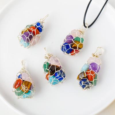 China Vintage Natural Colorful Crystal Rubble Copper Wire Hand - Woven Mesh Bag Pendant For Lovers Necklace Pendant for sale