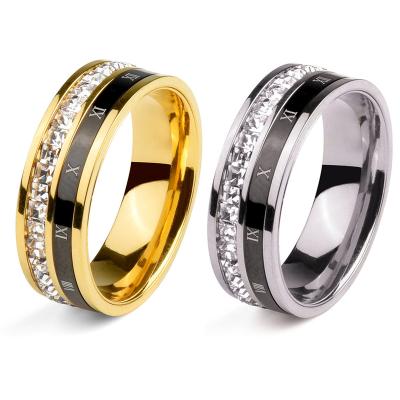 China Punk Roman Number Diamond Inlaid Titanium Stainless Steel Couple Ring for sale