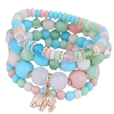 China BOHEMIA Boho Personality Pink and Green Glass Beads Charm Spiral Elephant Multilayer Crystal Pendant Bangle Design Gift Wrap Bracelet for sale