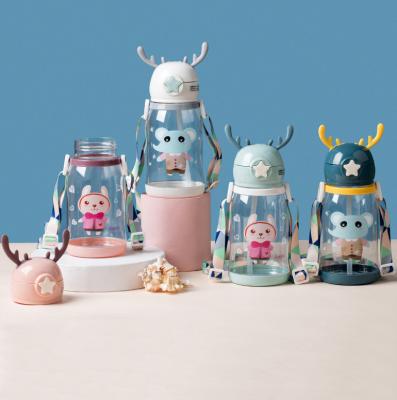 China 2021 New Cartoon Style Sustainable Portable Cute Pattern Water Bottle Kids Drinking Plastic Water Bottle With Straw for sale