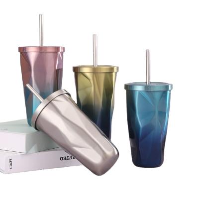 China 2021 New Style Double Wall Vacuum Sustainable Drink Bottle Stainless Steel Diamond Straw Cup for sale