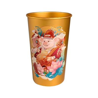 China Cartoon Logo Easy Drinking Golden 440ML Cup Disposable Hot Selling Aluminum Cup for sale