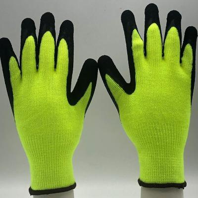 China Wrinkle Liner 10G Latex Coated Neon Yellow Acrylic Napping Black Wrinkle Coated Work Glove Latex PU Colored Work Glove for sale