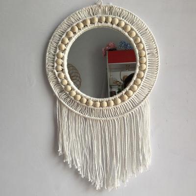 China Creative Home Craftsman Woven Tassel Mirror Decoration Living Room Entrance Wall Hanging Round Wall Mirror for sale