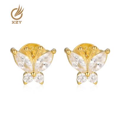 China Romantic Current Romantic Gold Plated Butterfly 0.8g 925 Sterling Silver Zircon Stud Earrings For Women Lady for sale