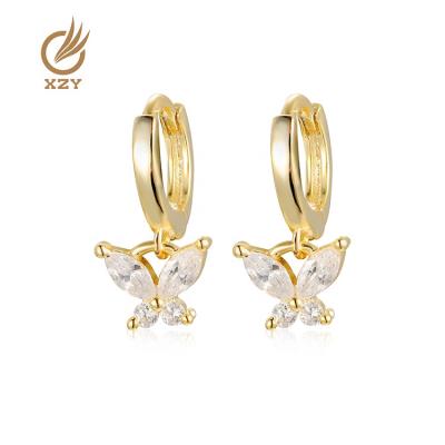 China XZY Wholesale Romantic Butterfly Design Zircon Beautiful 925 Sterling Silver Gold Plated Huggie Circle Earrings For Women for sale