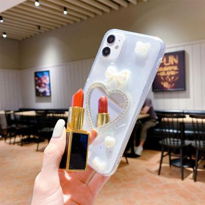 China Shockproof Luxury Bowknot Pearl Lady With Mirror Phone Cover For Huawei Mate 40 Pro Phone Case Make Up Case for sale