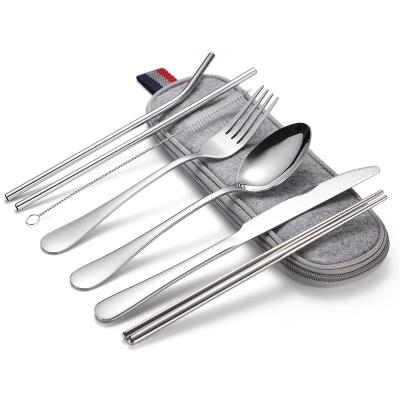 China 304 Stainless Steel Flatware and Camping Straw Metal Portable Tableware Travel Camping Utensil Set With Case for sale