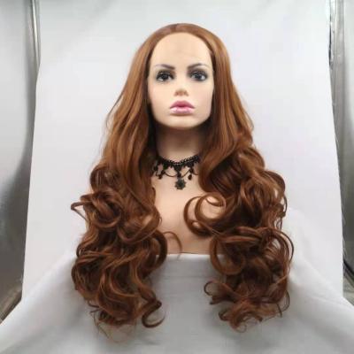 China Wholesale Dark Brown Mixed Highlight Water Wave Long Body Wave Blonde Wig For Women Long Part Medium Wig Wavy Synthetic Hair Wigs for sale