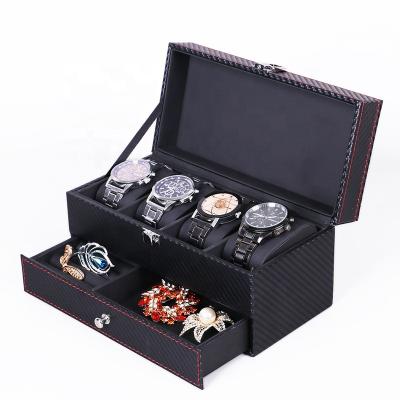 China Sharemore 4 Slot Handmade Carbon Fiber Leather Watch Storage Organizer Jewelry Box For Display for sale