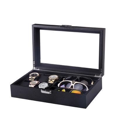 China Sharemore Handmade 6 Slots Watch 3 Slots Eyewear Box Sunglass Storage Box Carbon Fiber Eyeglass And Watch Storage Box With Clear Top for sale