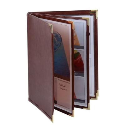 China PU A4 restaurant food menu custom logo leather handmade leather menu cover with 4 pages for sale