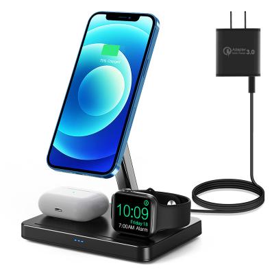 China Tablet Charger and Adapter 3 in 1 Wireless Charger Magnetic Holder Charging Phone Earphone Watch 15W Wireless Charger for sale