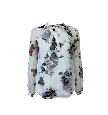 China Breathable Live Broadcast - READY TO SHIP WOMEN'S REGULAR SIZE CHIFFON SWEATER BLOUSE SLEEVE FLORAL PRINT V-NECK RUFFLE V-NECK ALONG WITH BOW TIE for sale