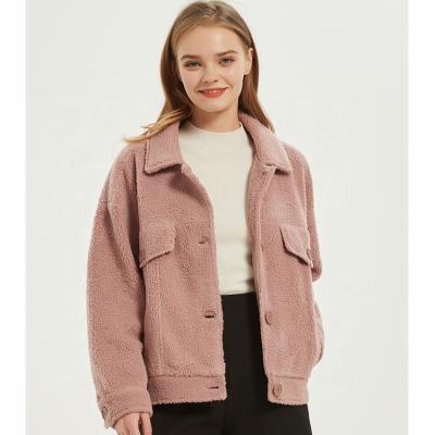 China Thermal READY TO SHIP Thick Turn-Down Teddy Fleece Trucker Button Through Collar Winter Women Jacket Thermal Pink Color Outdoor Casual for sale