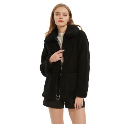 China Updraft READY TO SHIP 2021 Women Autumn Winter Outdoor Teddy Zip Through Collar Thermal Thick Black Turn-Down Long Casual Jacket for sale