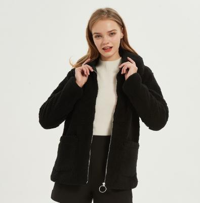 China Updraft READY TO SHIP 2021 Women Autumn Winter Outdoor Teddy Zip Through Collar Thermal Thick Black Turn-Down Long Casual Jacket for sale