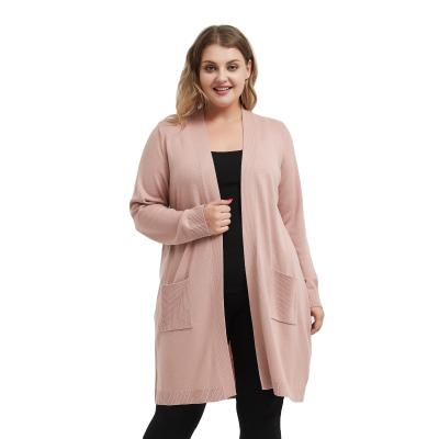 China Whole Sale Plus Size 2021 Summer Spring Plus Rib Pocket Open Sweater Cardigan Drape Front Long Sleeve Large Size Casual Pink Color for sale