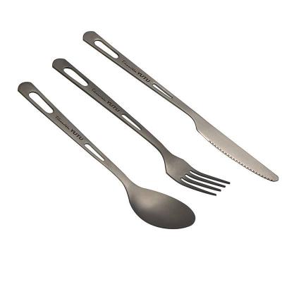 China Viable Custom Printing Portable Pure Titanium Outdoor Camping Kitchen Cooking Utensils Knife Fork Spoon Logo Cutlery Set With Pouch for sale