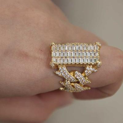 China Yellow Gold CZ Fork Cuban Link Baguette Ring Diamond Cuban Chain Necklace for sale