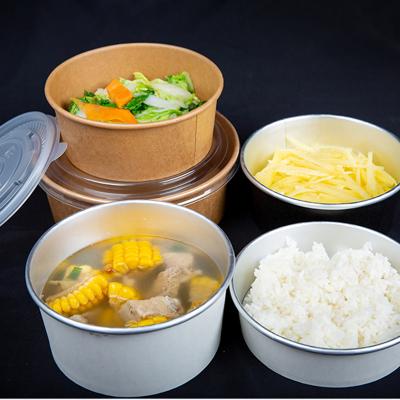 China Biodegradable Custom Logo Printing Disposable Kraft Paper Bowl With Clear Plastic Lid For Take Out Food Packing Containers On Sale for sale