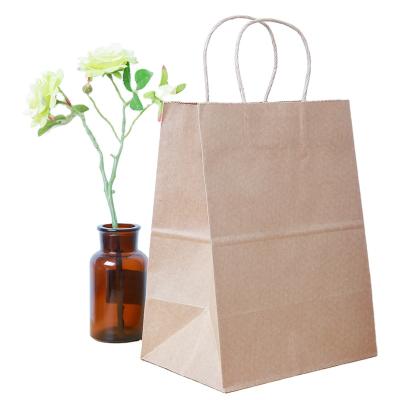 China Recycled Materials Recycled Kraft Paper Bag With Twisted Flat Handles For Take Away Food Packaging Shopping On Sale for sale