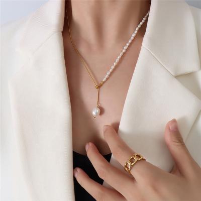 China Color Not Fade 18K Gold Pearl Necklace Women Jewelry Stainless Steel Adjustable Long Chain Pendant Choker Girl Gift for sale