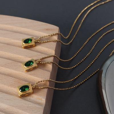 China Color Not Fade Gold Pendant Necklace For Women Luxury Oval Crystal CZ Stone Stainless Steel Necklace 18K Black Green Gold for sale