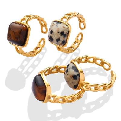 China Color Not Fade Natural Stone Women Ring Tiger Eye Geometric Open Hip Gemstone Hops Rings 18K Gold Plated Stainless Steel Jewelry for sale