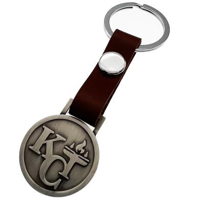 China Promotion gift key chain size quality antique color metal tag zinc alloy PU PVC or genuine leather key chain for sale