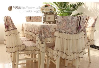 China Cotton floral table cover and chair cover with lace border, lace border table linens, for sale