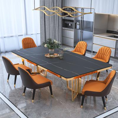 China Luxury Design + Dining Room Furniture Stainless Steel Designs Tempered Glass Top High End Dining Table and 6 Chairs Set for sale