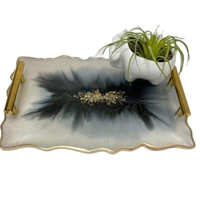 China Resin+Real Dried Flower Black and White Resin Art Base Trays Decorative Pressed Serving Mat with Gold Bar Handles for sale