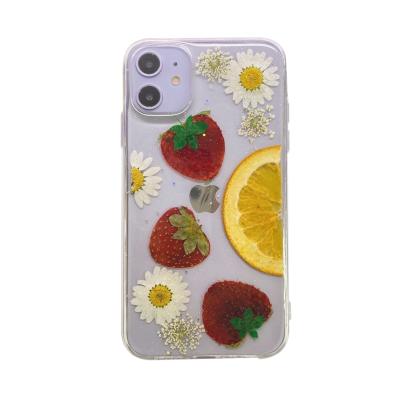 China Resin+real dried real flower fruit strawberry daisy wildflower designer unique custom handmade pressed phone cases for sale