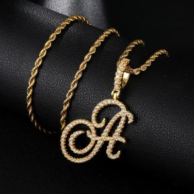 China Big Gold Men Hiphop Hip Hop Silver Zircon Diamond Letter Cursive Initial Necklace Women Rope Chain Necklaces for sale