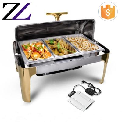 China Customized LOGO and Gold Cylinder Desktop Rectangle Food Warmer Chafing Dish 9L Modern Electric Heating Buffet Best for sale