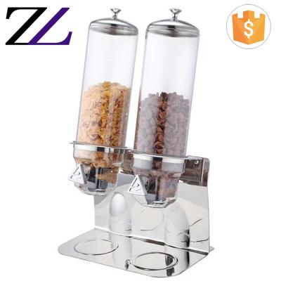 China Customized LOGO dry foog grain and modern hotel banquet housekeeping equipment 2 tank display acrylic bulk stainless steel cereal double dispenser for sale