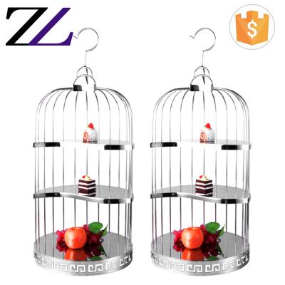 China Customized LOGO and hanging display stand modern wedding decoration buffet stand stainless steel birdcage cake 3 tier dessert for sale