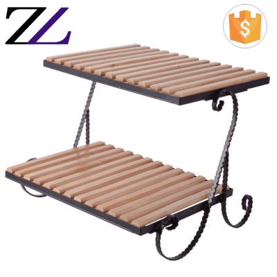 China Customized LOGO Wooden Dessert Bread Display Stand Rack and Food Catering Equipment 2 Tier Buffet Food Display Modern Wooden Riser Shelf for sale