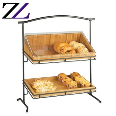 China Modern Royal and Luxury Walnut Hotel Buffet Ladder Set Wooden Shelf with Cover 2 Tier Bread and Food Rack Display Stand Elegant Wood for sale