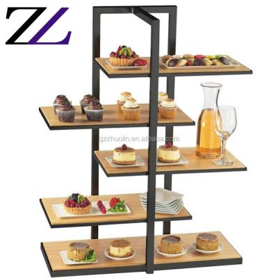 China Durable and modern hotels cake trays mini kitchen cupcake party accessories 5 layers vintage metal black wooden table top cake stands for sale