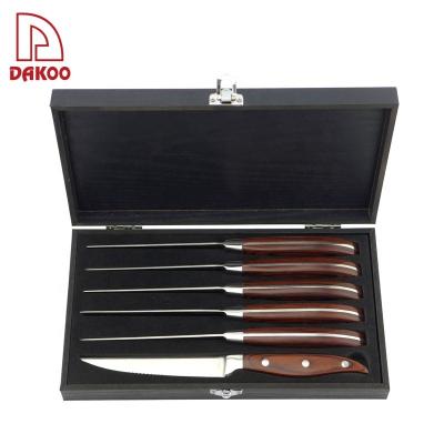 China 6pcs Wheel Stainless Steel Disposable Rubber Steak Knives Set With Forged Pakka Wood Handle for sale